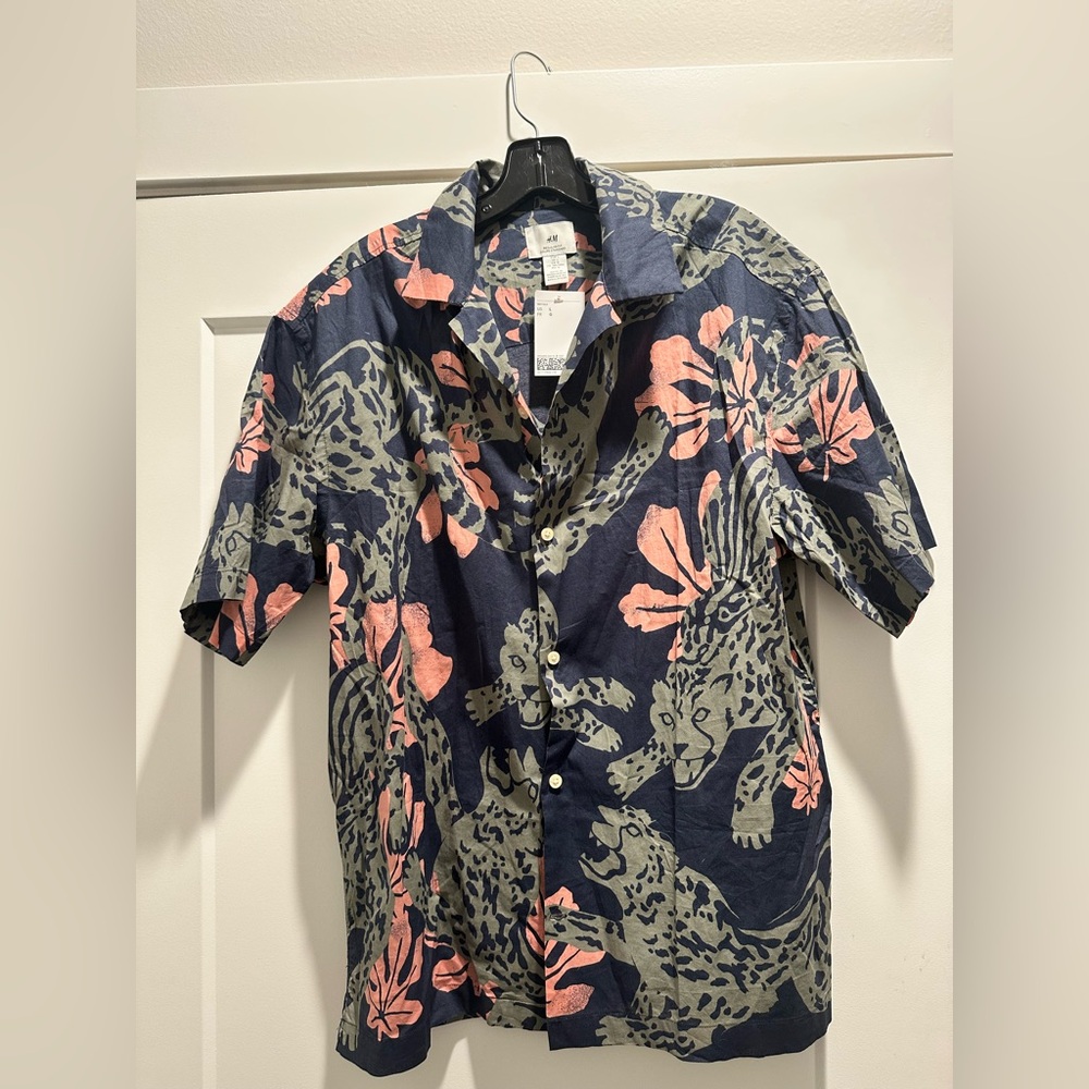 H&M Navy Short-Sleeve Button-Up with Green Leopard & Pink Floral Print